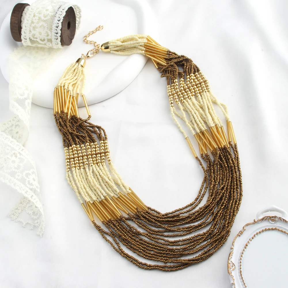 البوهيمي العرقية اليدوية متعدد الطبقات الزجاج الأرز عقد من اللؤلؤ مزيج اللون متعدد حبلا بيان قلادة البذور الخرز قلادة #1