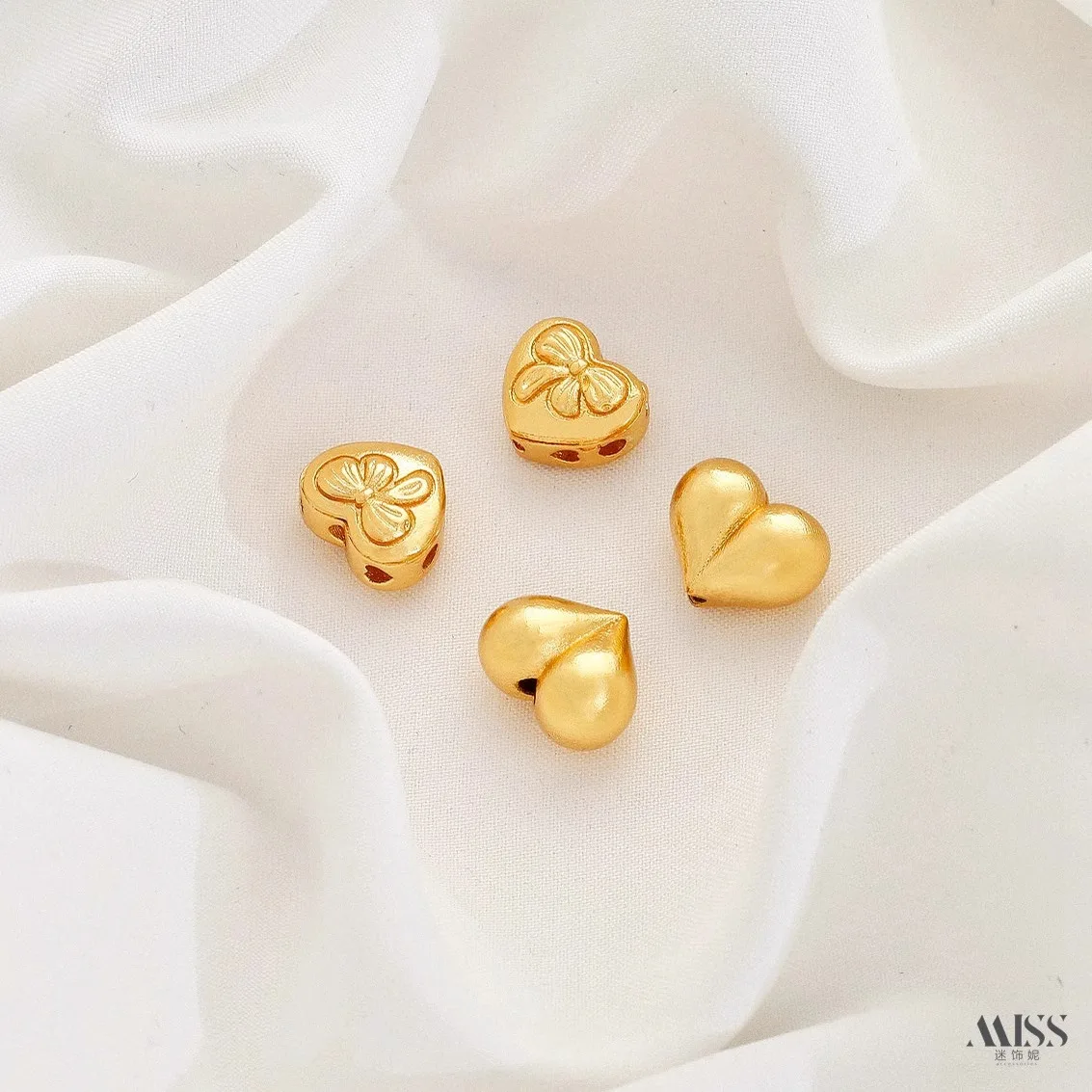 24K Gold Plated Bowknot, 3D Heart, Peach Shape Through Hole Spacer Beads, DIY Bracelet Necklace Jewelry Accessories