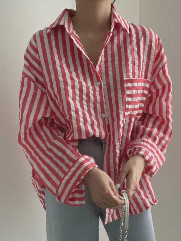 Chic Early Autumn Loose Texture Long Sve Striped Single Button Collar Women's irt Top Faionable Casual Busin Wear