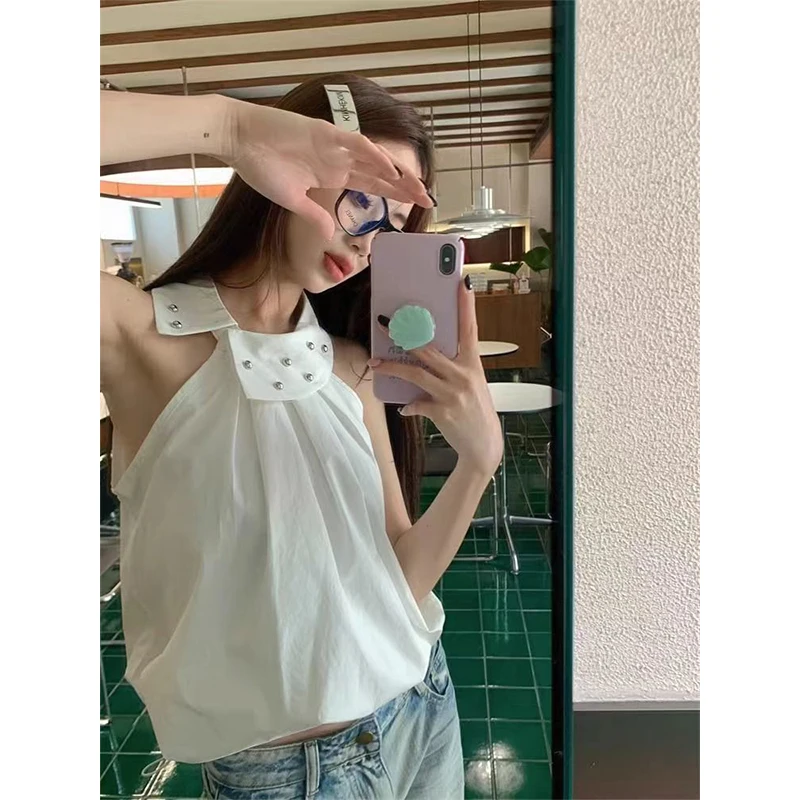 MEXZT Sexy Halter White Shirts Women Y2K Streetwear Rivet Sleeveless Black Blouses Summer Korean Elegant Casual Crop Tops New