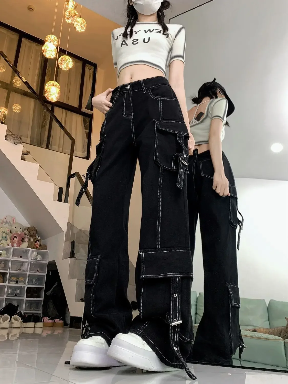 American Retro High Street Cargo Jeans 2025 Autumn Women High Waist Y2K Streetwear Wide Leg Denim Pants Vintage Baggy Trousers