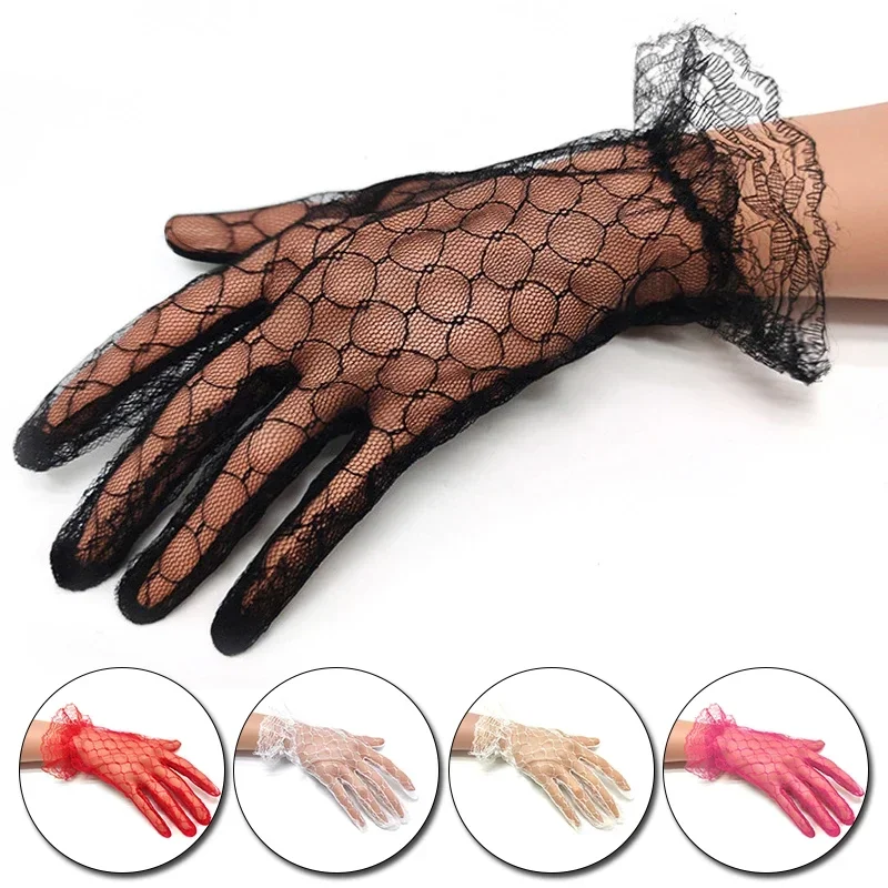 New Elegant Style Lace Hollow-Out Gloves Women Black Red White Short Lace Bridal Gloves Wedding Party Accessories Gloves