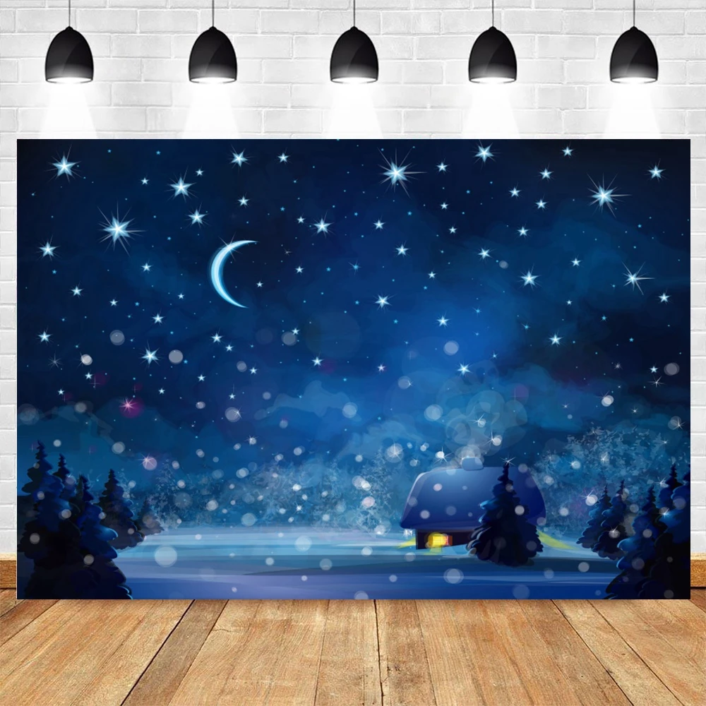 Dark Blue Sky Moon Glitter Star Photography Backdrop Christmas Winter Pine Tree Forest Snow Night Natural Scene Photo Background