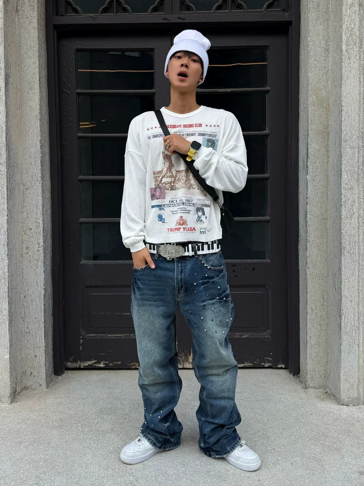 Ripped Rivet Blue Washed Straight Leg Men's Jeans Casual Loose Fit Jeans Casual Straight Tube Pants Youth Fashion Jeans