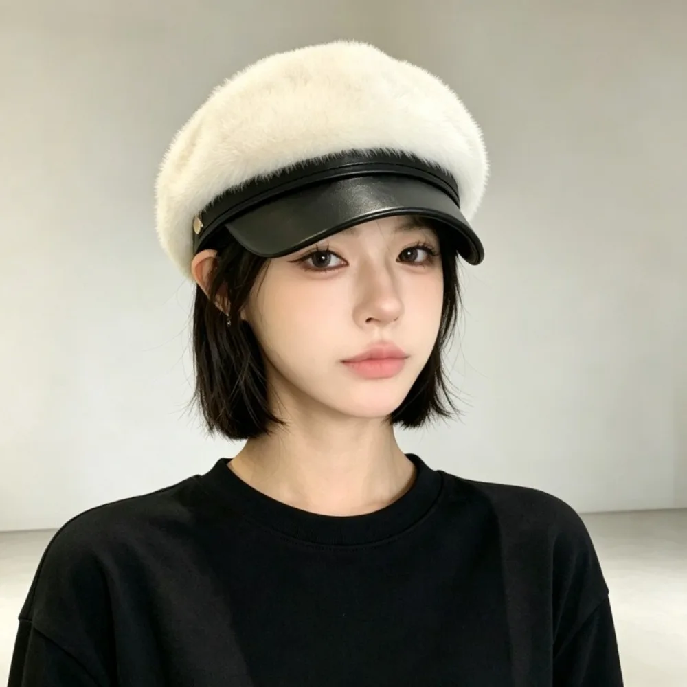 Soft Touch Faux Mink Fur Newsboy Cap PU Brim Adjustable Beret Cap Octagonal Shape Navy Hat Outdoor Walk