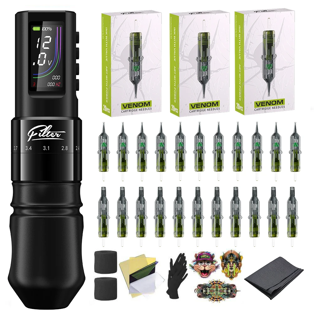 

Filter Wireless Tattoo Machine Pen Kits Adjustable Cartridge Tattoo Gun with 60pcs Filter Cartridge Tattoo Needles