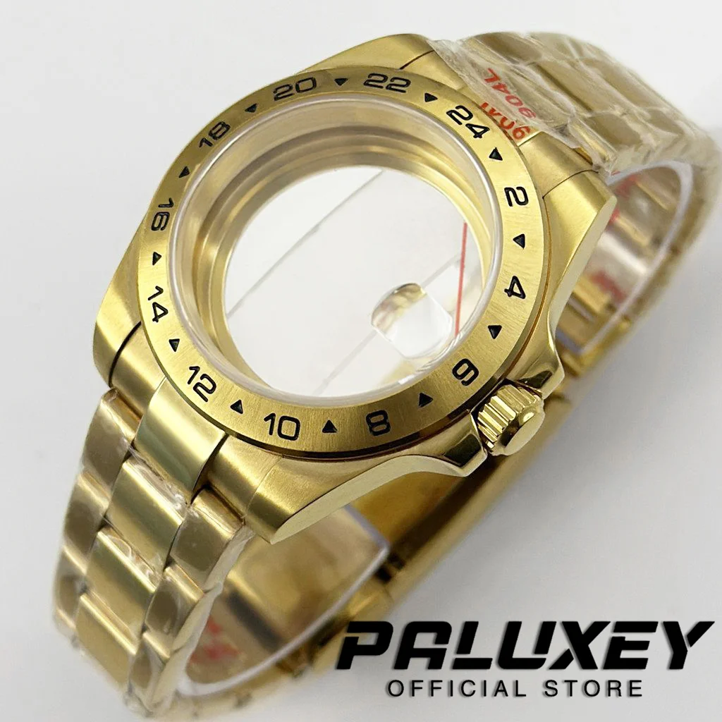 

40mm Gold EXP GMT Black Watch Case Sapphire Glass Fixed 24 Hour Bezel Steel Bracelet Fit NH34 NH35 NH36 ETA2824 PT5000 Movement