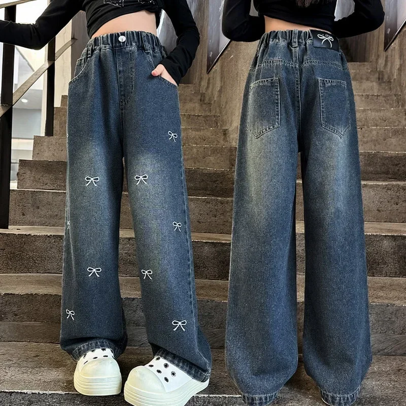 

Wide Leg Jeans for Girls 2024 Autumn Pants for Kids Bow Embroidery Design Fashion Casual School Teenage Children Trousers 4-15Y