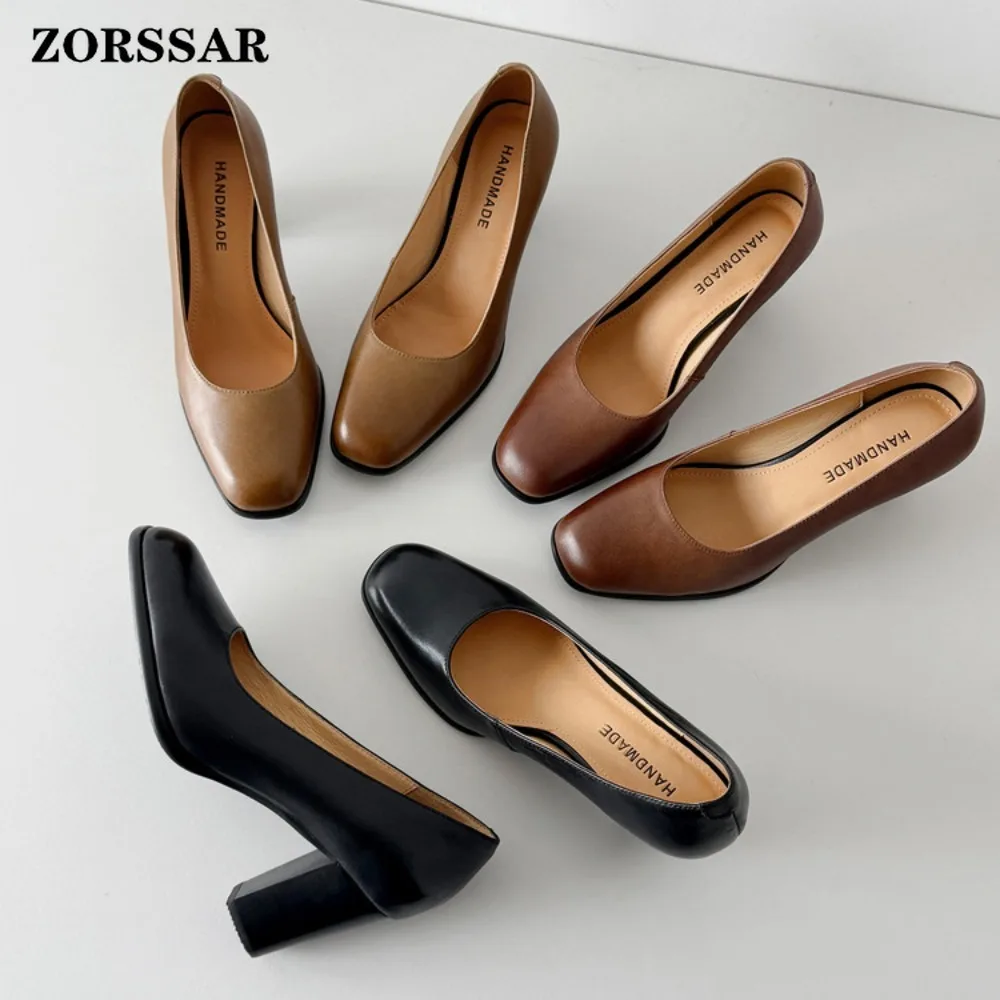 Fashionable Versatile High Heels Women's Thick Heeled Women's Shoes Spring New Style Square Toe Elegant Simple Women's Shoes