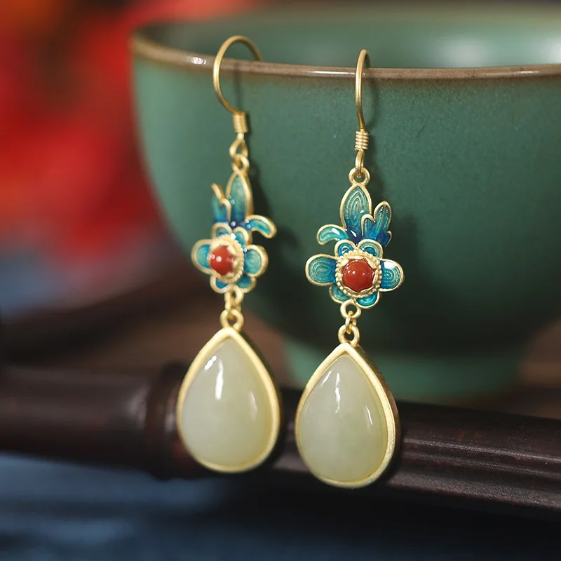 S925 Silver Hetian Jade Small Flower Red Agate Women'S Gold-Plated , Color-Blocked Earrings