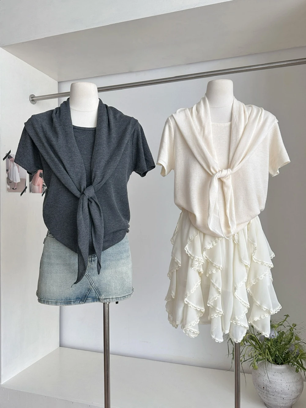 Japanese Style Solid Color Premium Short Sleeve Knitted Top Set And Shawl Two-Piece Set for Women Casual Slim Spring Outerwear