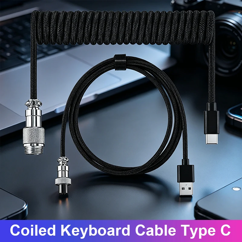 Usb Type-c Coiled Keyboard Cable Aviator Aviation Connector Flexible Spring Coil Desk Cable For Mechanical Keyboard And Laptop