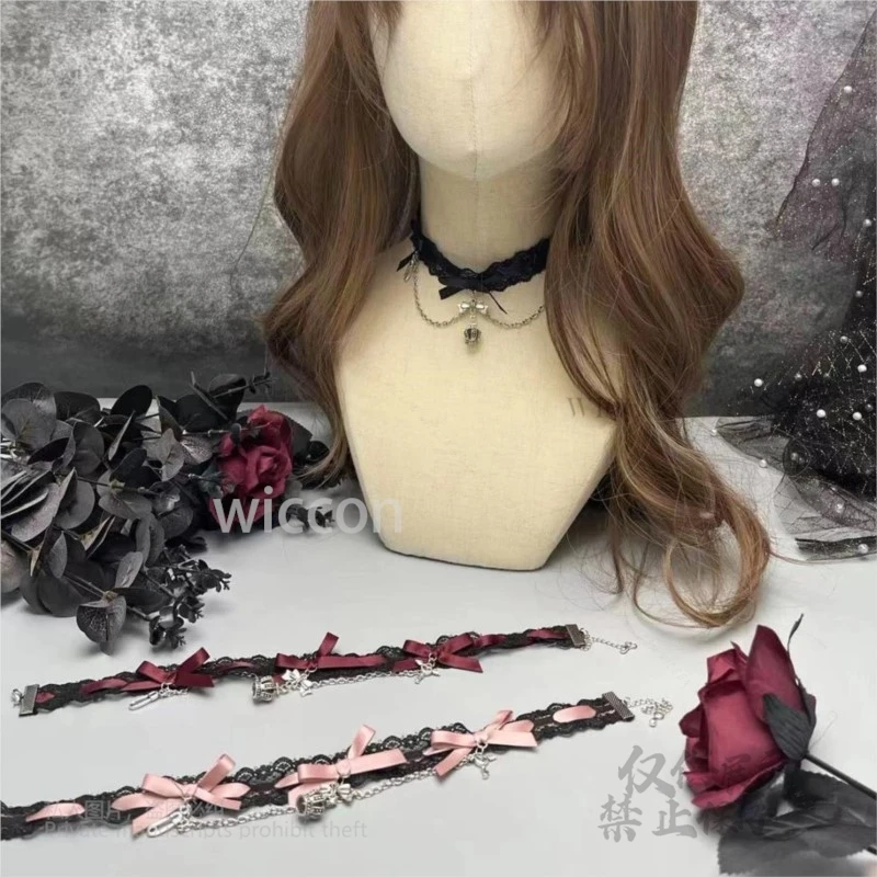 أسود وردي طوق الدانتيل Y2K Jirai Kei اليدوية القوطية المختنق الألغام سلسلة الشريط قلادة لوليتا فتاة قلادة نسائية لوليتا