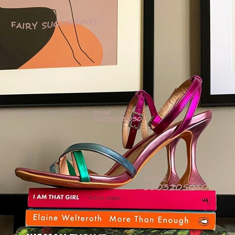 

Colorful Rose Red Striped Open Heels Women's Wine Glass Heels Sexy Buckle Girl Summer Beach Hollow Metallic Glitter Casual Shoes