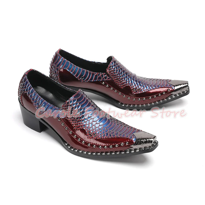 Italian Handmade Genuine Leather Snakeskin Loafers for Men Metal Pointed Toe Chunky Heel Derby Shoes Male Rivet Casual Shoes