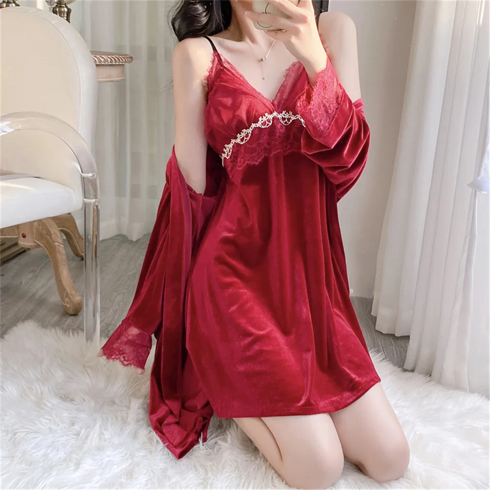 Kimono Robe Gold Velvet Sleepwear Women Casual 2PCS Sleep Set Long Sleeve Bathrobe Gown Novelty Velour Home Clothing