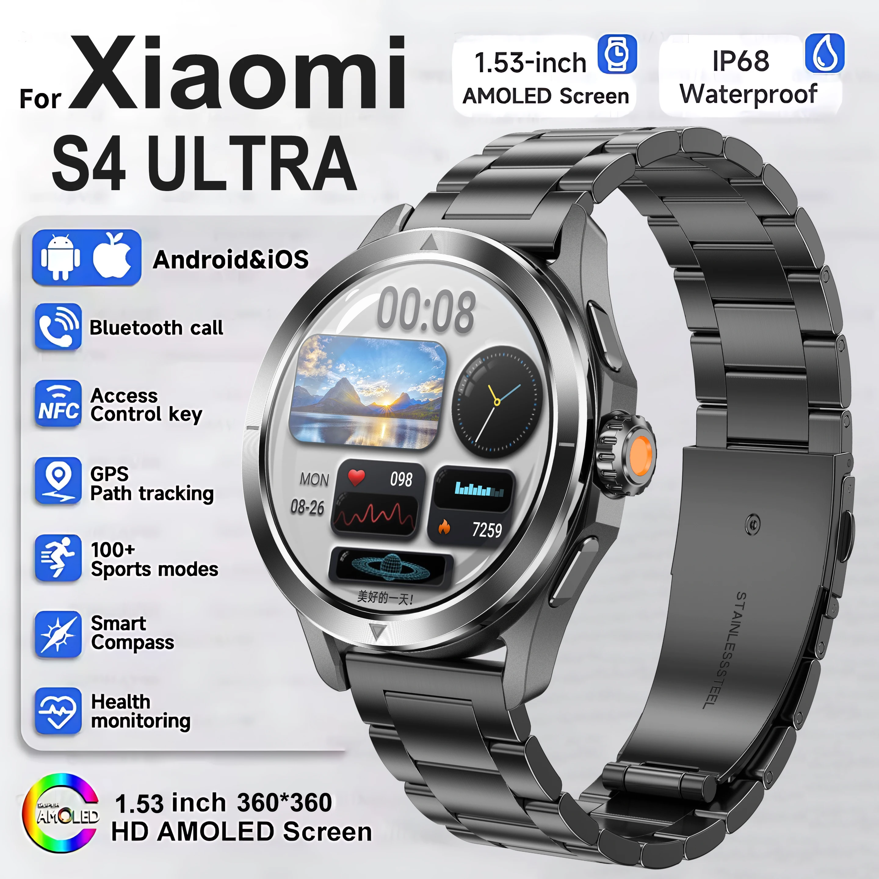 

S4 Ultra Smart Watch Men 360*360 HD Screen BT Call NFC GPS IP68 Waterproof Heart Rate Blood oxygen Smartwatch 2025 For Xiaomi