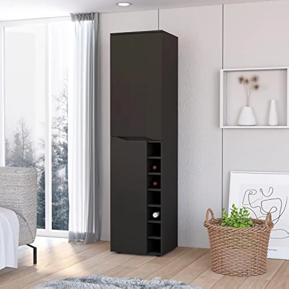 Maya Tall Bar Cabinet, Seven Wine Cubbies, Extendable Shelf, Double Door Cabinet