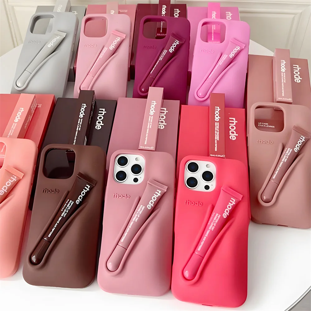 

Rhode Holder Phone Case For iPhone 16 12 13 14 15 11 Pro Max Plus Silicone Portable Lipstick Lip Gloss Stand Cover Set Fundas