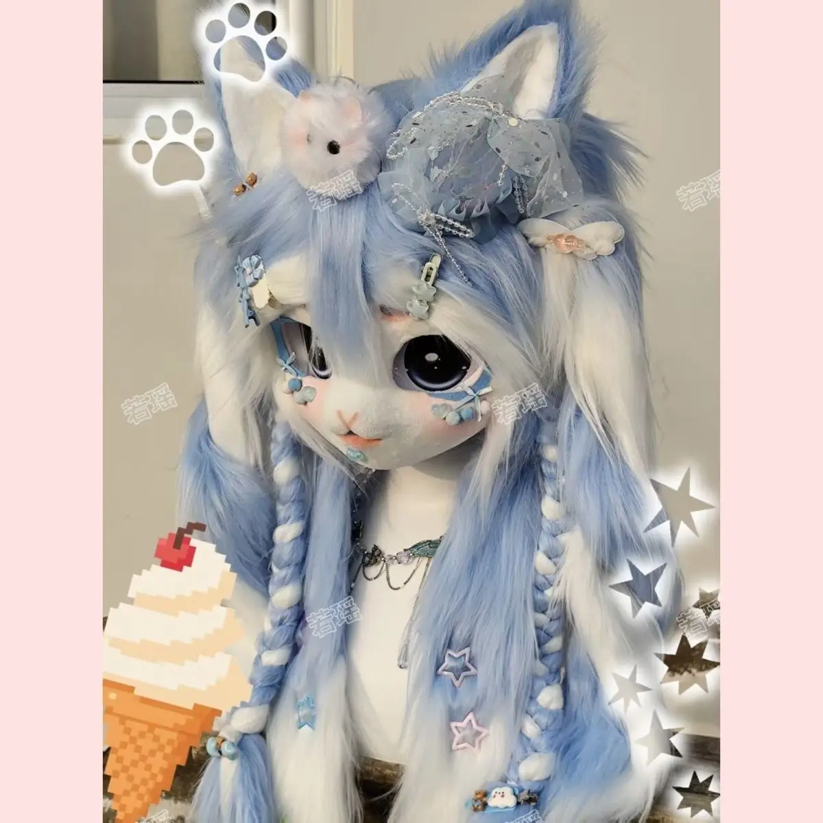 Máscara de Fursuit de Gato Kemono con Diseño OC Personalizado, Hecha a Mano con Decoración de Encaje, Estilo Lolita, para Cosplay de Halloween