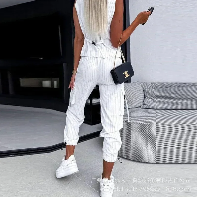 Striped Vest Top & Cuffed Pants Set Women Pant Sets Two Piece Suit Single Breasted V Neck Midi Waist Trousers Suits Pockets