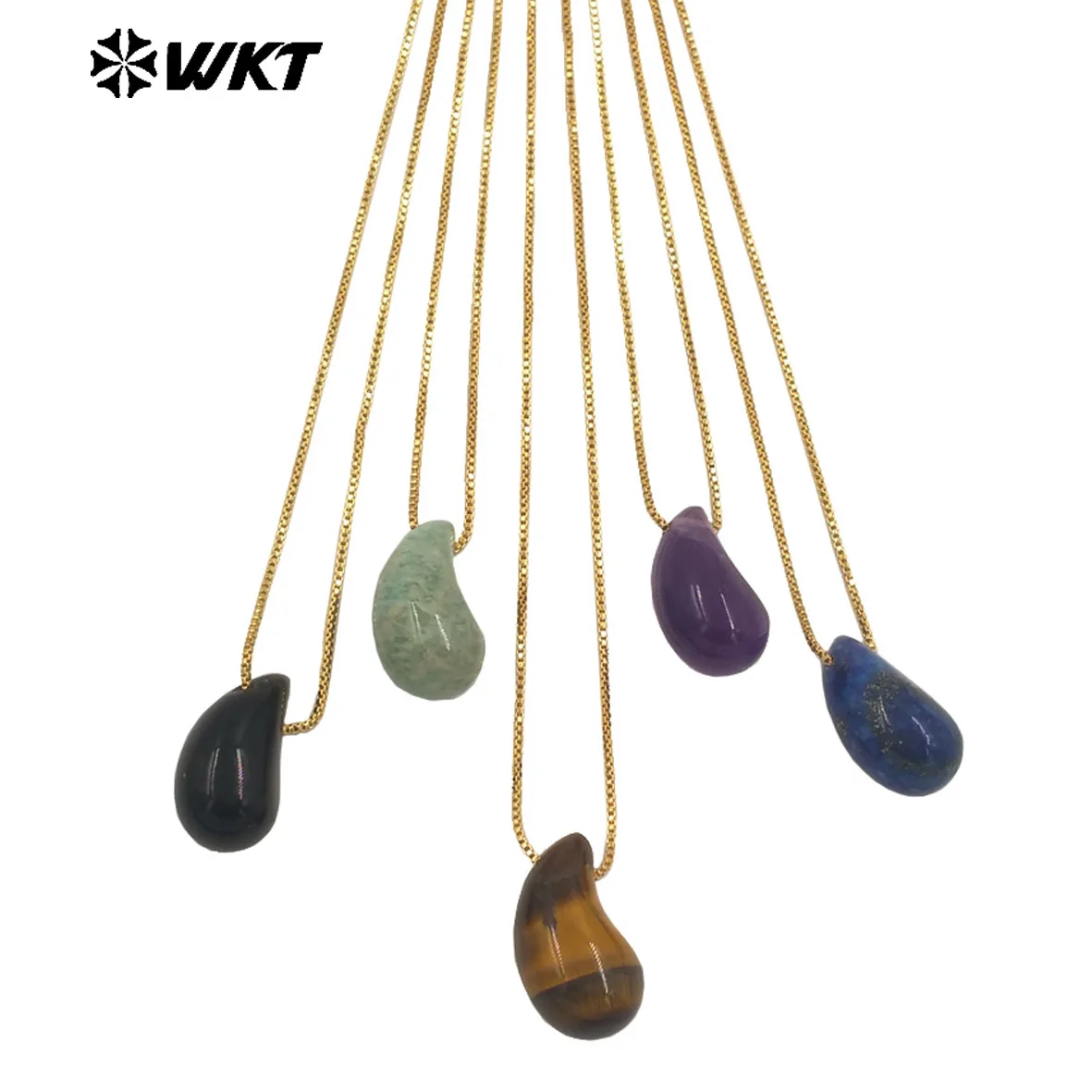 

WT-N1483 WKT Wholesale New Design Natural Gemstone Necklace With Gold Color Tiny Chain Waterdrop Shape Female Birthday Jewelry