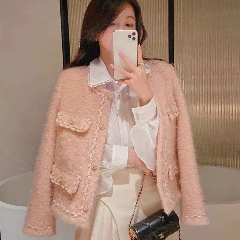 

Pink Small Fragrant Wind Short Woolen Coat Female 2024 Spring Autumn New Small Man with The Style of The Girl Thick Coat Tide