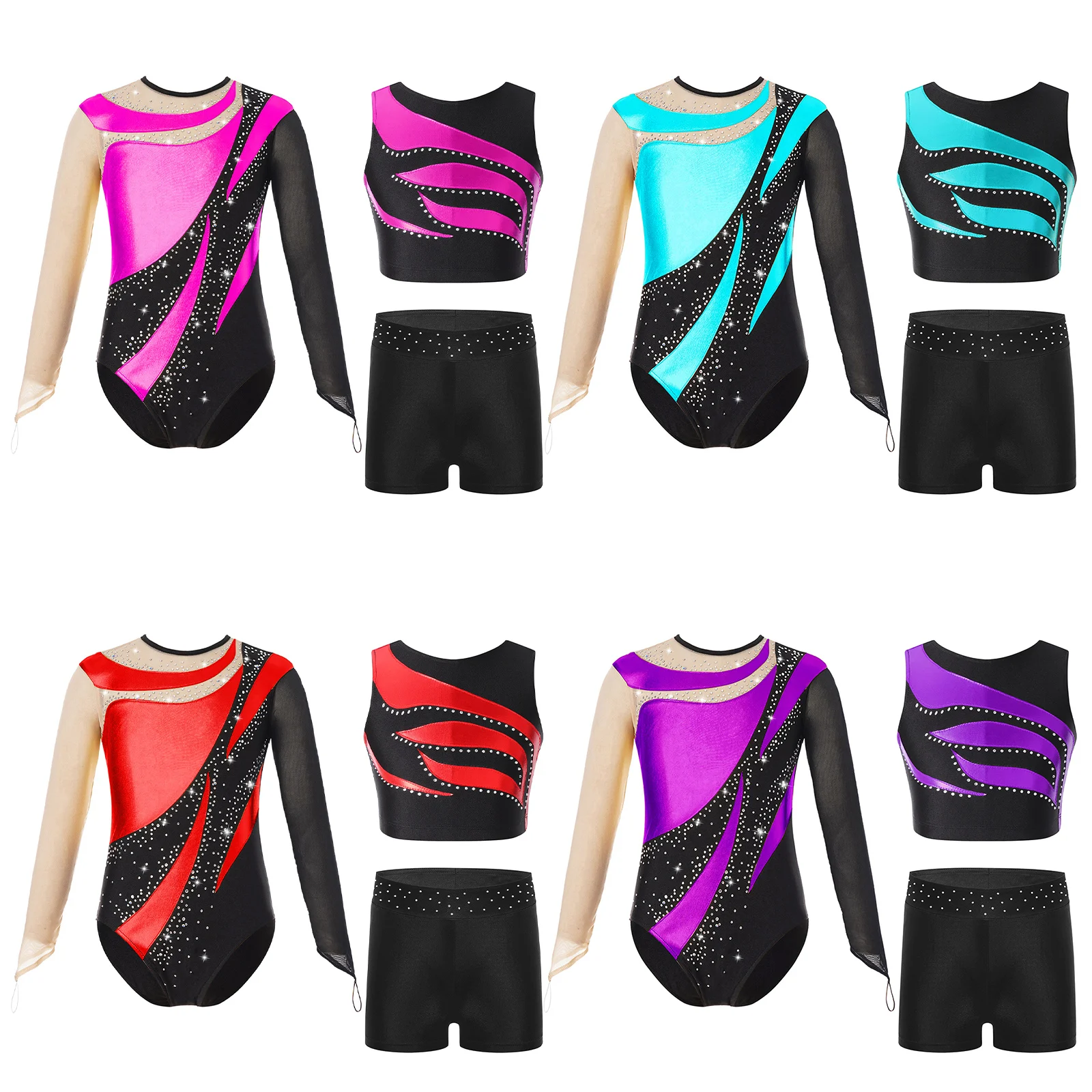 Kids Girls Rhythmic Gymnastics Jumpsuit Outfit Contrast Color Ballet Tutu Leotard with Cropped Top + Shorts Teen Dancewear Sets
