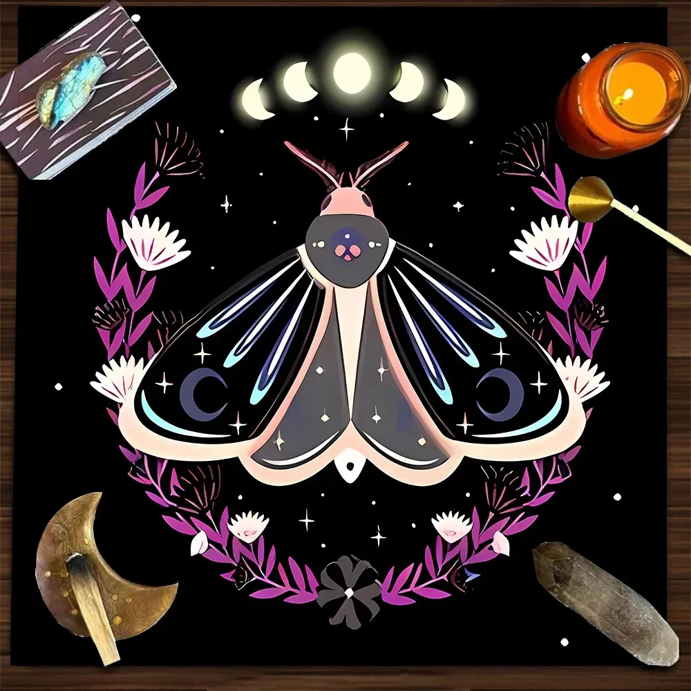 VIKAMA Pink Moth Moon Phase Floral Witchy Tarot Tablecloth Mystical Occult Altar Cloth Divination Mat Durable Home Decor