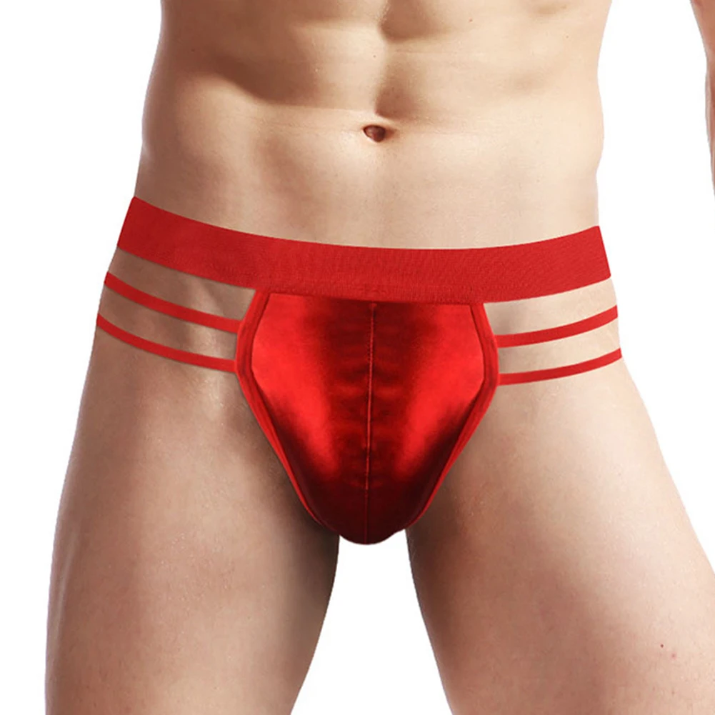 

Men Shiny Faux Leather Thong Briefs Hollow Out Open Buttocks G String Underpants Sexy Bulge Pouch Panties Erotic Underwear