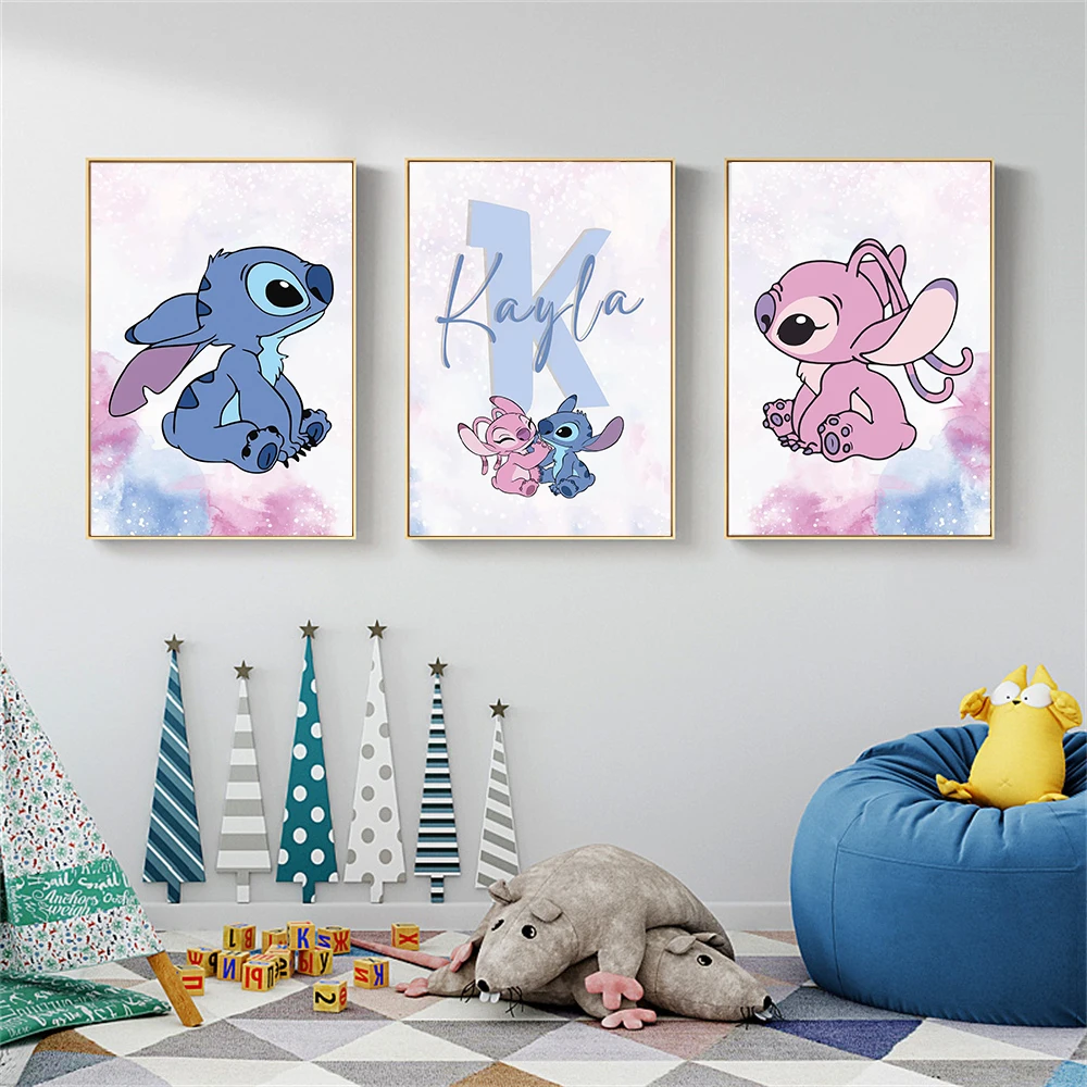 غرزة الملائكة 3 قطعة اسم مخصص مطبوعة المشارك ليلو وستيتش جدار الفن ديزني نمط الحضانة ديكور الاطفال هدايا غرفة الأطفال