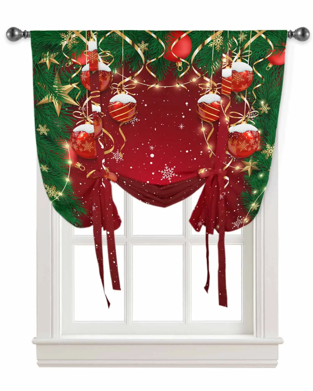 Christmas Light Balls Pine Branches Window Curtain for Living Room Kitchen Tie-up Roman Curtain Home Decor Blinds Drapes