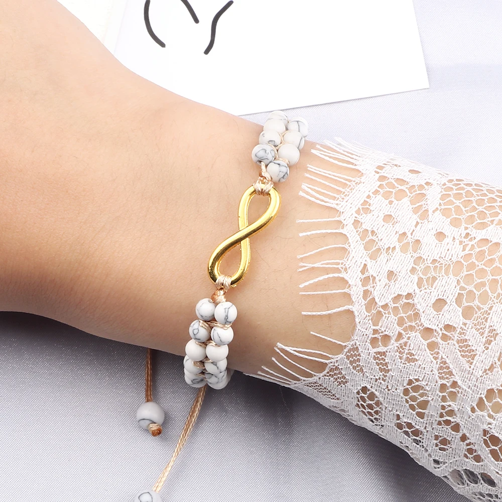 Natural 4MM Black Line Bead Double Row Braided Bracelet Charm Heart Shape Aum Pendant Couple Bracelet Women Men Adjustable Chain