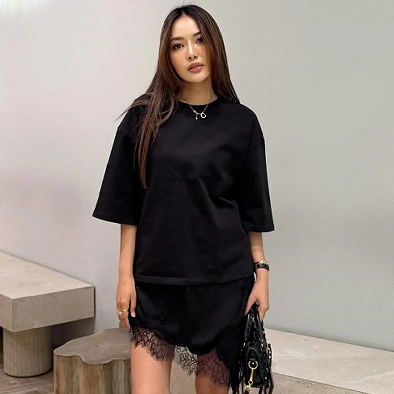 HXAO Damen T-Shirt mit Spitze Oversize T-Shirt Frühling Sommer 2026 Mode Y2K Off-White Kurzarm-Oberteil Elegantes Langes T-Shirt für Damen – Detail 7