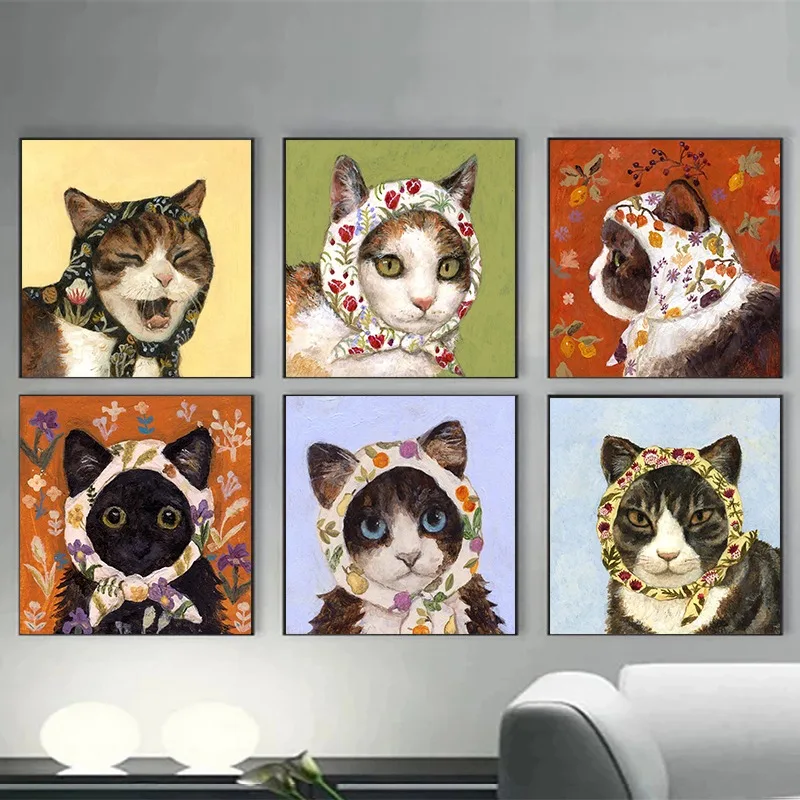 Pañuelo para la cabeza de gato de dibujos animados, póster minimalista, lienzo de animales, arte de pared impreso para sala d