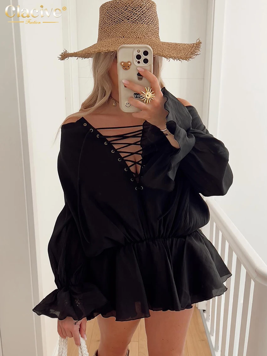 

Clacive Sexy Loose Black Women's Dress 2025 Fashion V-Neck Long Sleeve Mini Dresses Elegant Classic Bandage Pleated Female Dress