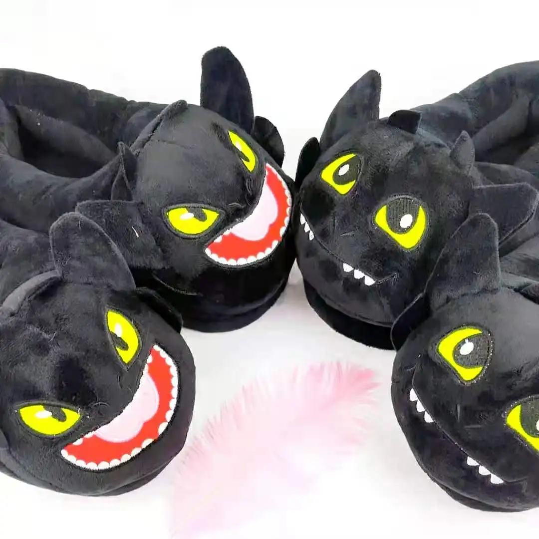 2024 Winter Warm Black Cat Unicorn Dragon Slippers Unisex Couples Furry Slippers Cute Indoor Home Pantoufle Bedroom Shoes