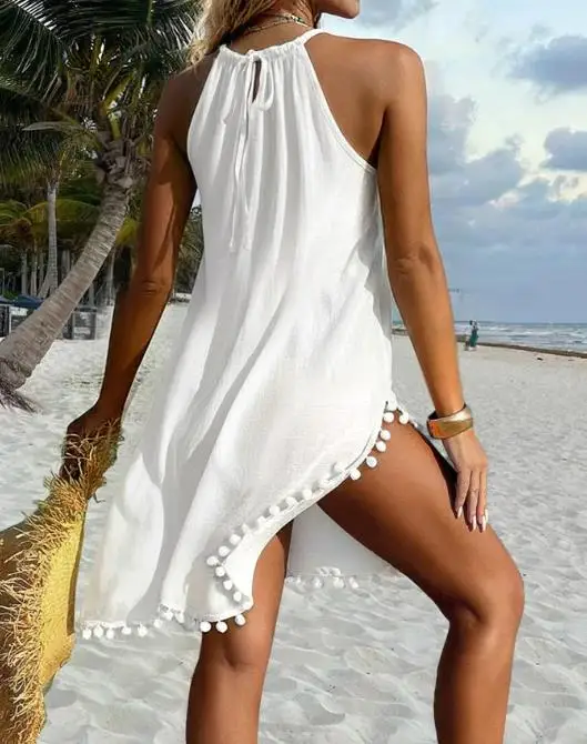 Damesjurken Nieuwe Halter Stropdas Kant Gesplitst Mouwloos Zijsplit Jurk Casual Hollow-Out Terug Pom Pom Trim Semi Sheer Cover Up