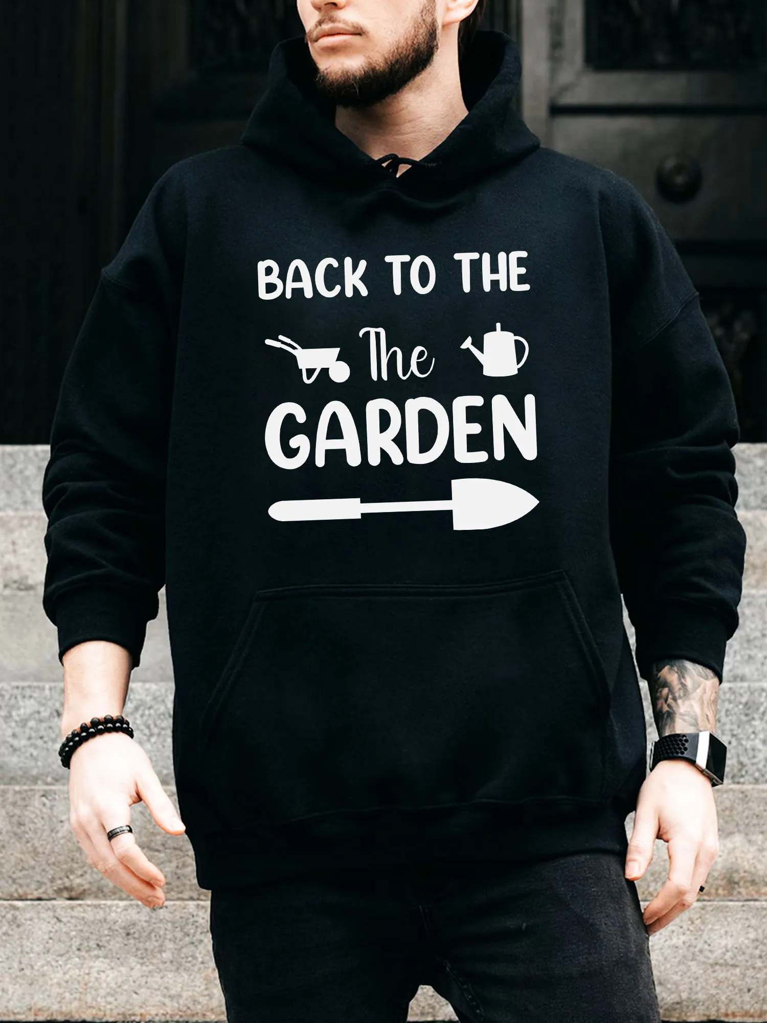 

Мужская толстовка на шнурке «Назад в саду» — повседневный удобный черный пуловер, осенне-зимняя толстовка с капюшоном