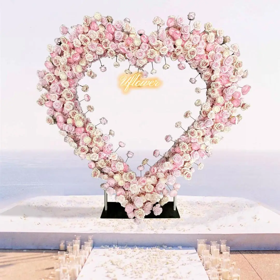 Uflower 5D Pink Rose Artificial Flower Wall Arch Wedding Backdrop Heart Floral Arrangement Display Event Party Props Flower Row