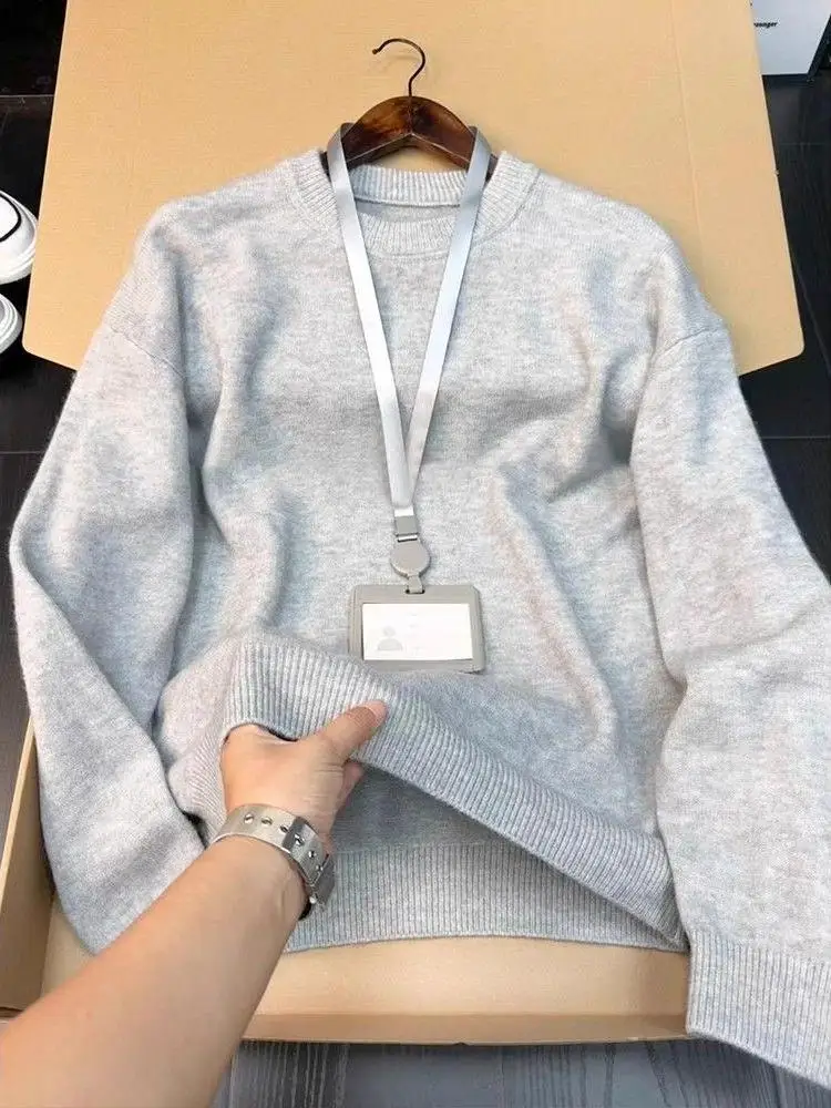 

ay round Ne Knitwear Men's Sle Autumn Winter Warmth Inner Outer Match Lazy Sle Base Layer Woolen Sweater Casual Basic