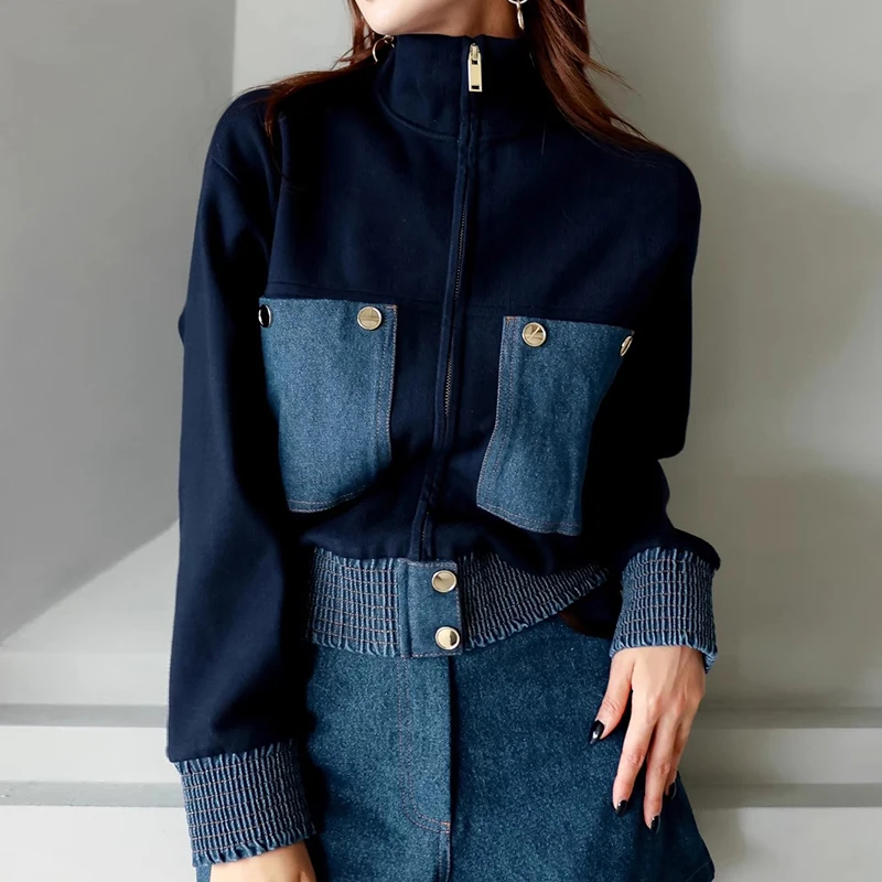 Chic Vintage Zipper Color Block Denim Pocket Slim Fit Long Sleeve Jacket for Women Trendy Commute Style High Collar Regular L...