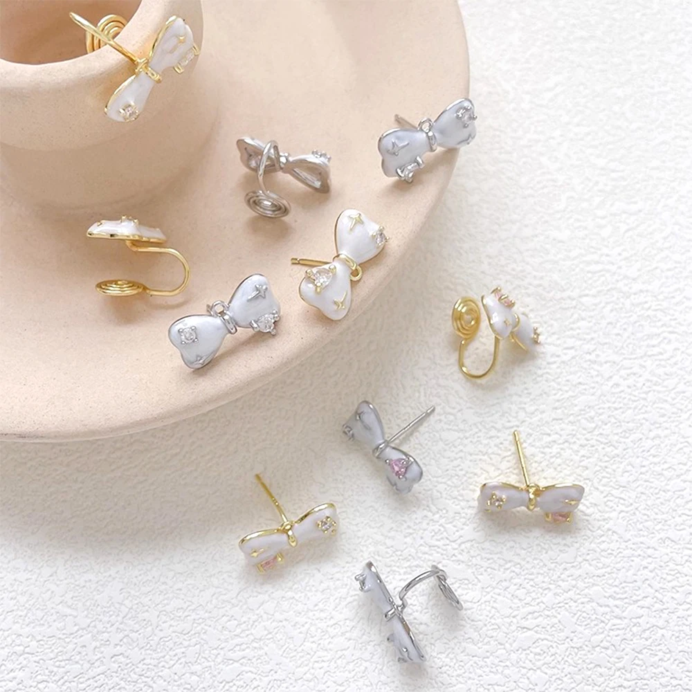 2 Pairs Gold-plated Brass Zircon Inlaid Cute Bow Mosquito Coil Ear Clip DIY Jewelry Making Semi-finished Product Accessories