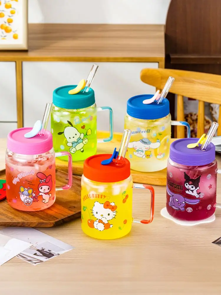 

Kawaii Cute Sanrio With Lid And Straw Cinnamoroll Pochacco Kuromi Melody Hello Kitty Glass Cup Milk Breakfast Heat-Resisting Cup