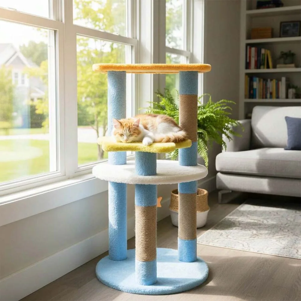 

29" Cute Modern Cat Tree With Star & Moon Shaped Platforms, Jute Scratching Posts Purple/Blue