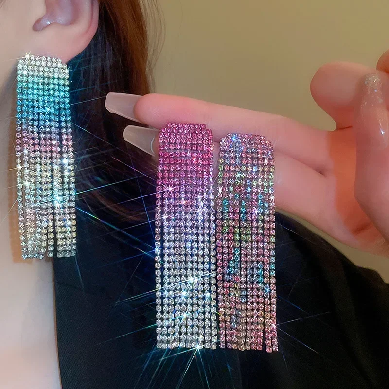 Shiny Colorful Full Rhinestone Earrings for Women Long Tassel Drop Earrings Ladies Party Weddings Jewelry