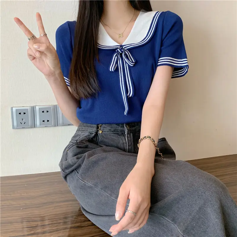 Women Clothing Preppy Style Office Lady Short Sleeve Tops Summer Casual Solid Color Pullovers 2024 New All-match V-neck T-Shirts