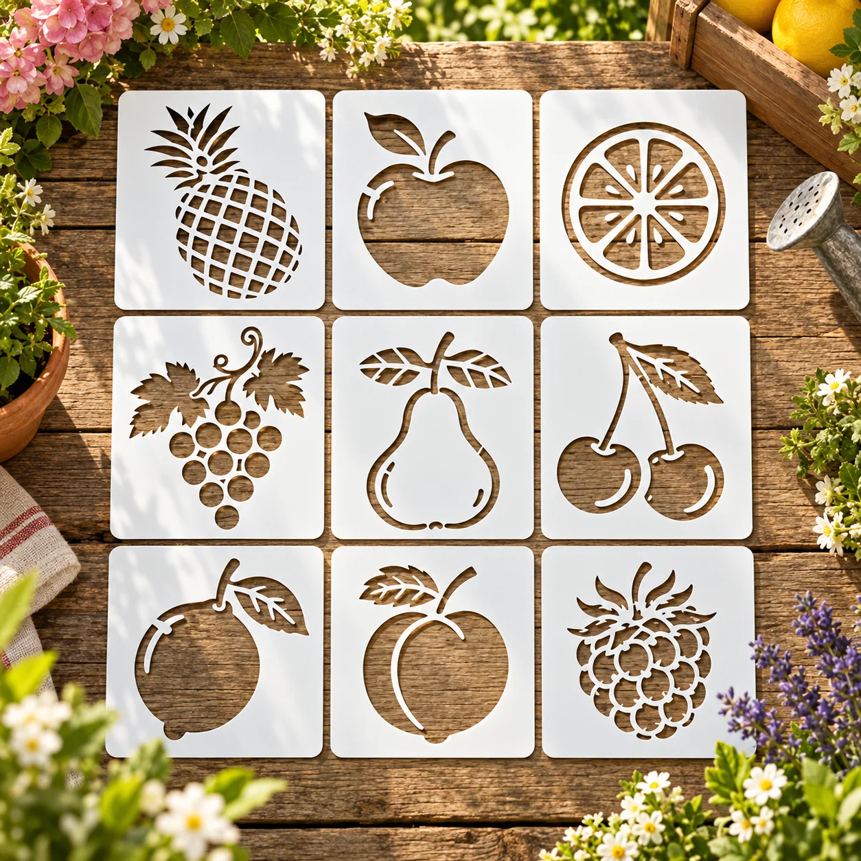 9PCS Fruit Stencils for Painting 3.94 x 3.94 Inch Pineapple Apple Grape Pear Cherry Patterns for Drawing Wood Sign Gift Box Deco