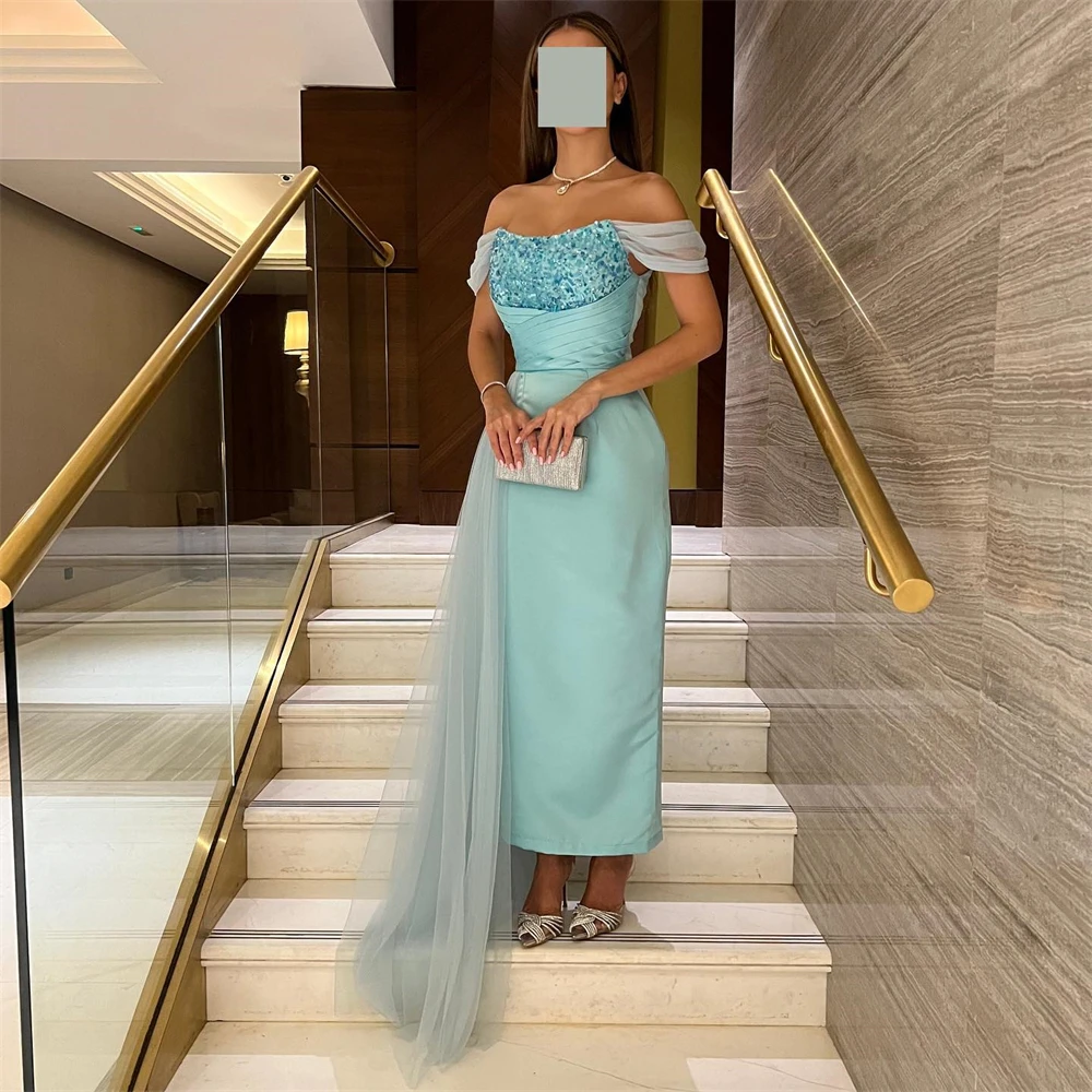 

Fashion Boat Neck Blue Mermiad Tulle Prom Dress for Women Floor-length Evening Party Gown Formal Occasion Dresses فساتين السهرة