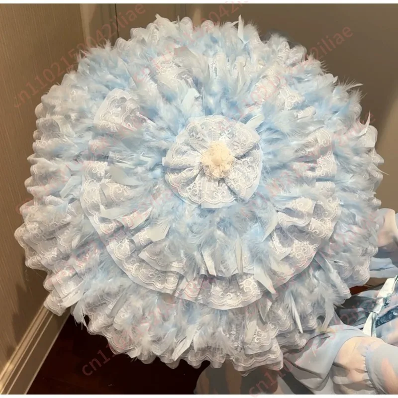 Handmade Gothic Lolita Umbrella with Dark Feathers Lace Trim Wedding Photography Parasol
